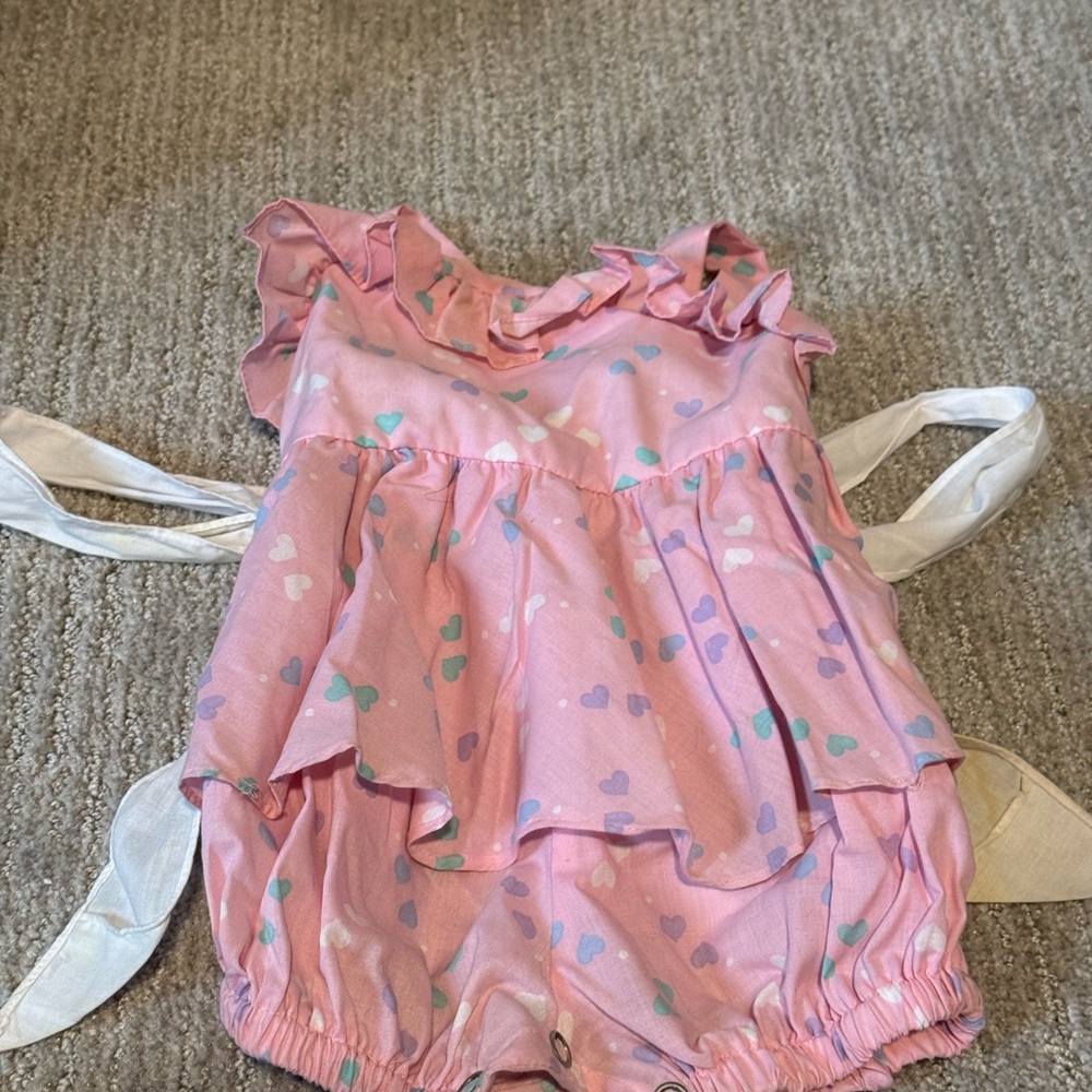 Vintage Lightning Bug Baby Romper 12M Pink Hearts Ruffle Tie Back